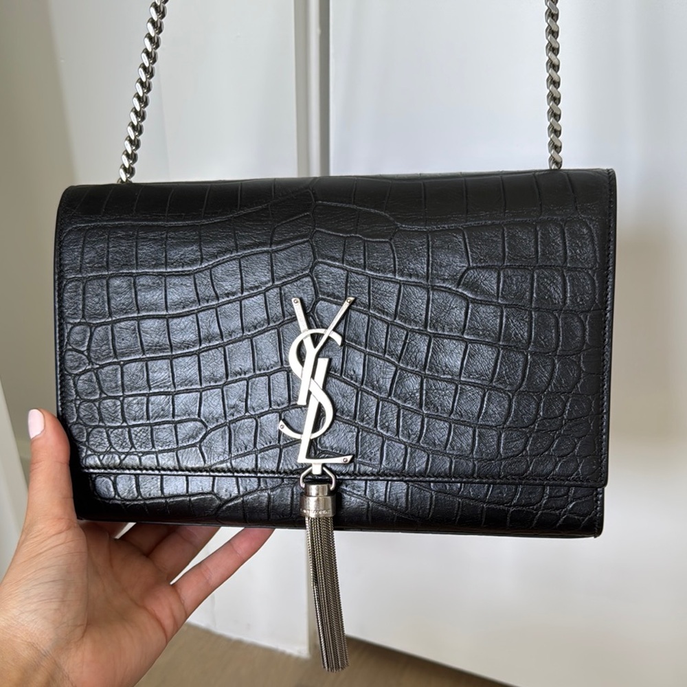 Yves Saint Laurent Black Croc-Embossed Chain Bag - Kate bag Medium
